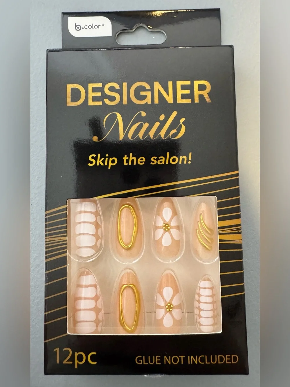 B-pure Designer Nails Nude & White Floral Press-On gold accents 12pc summer nude